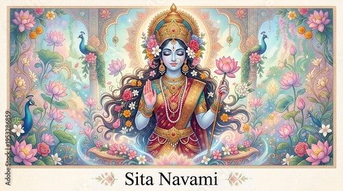 Illustration of stylized goddess sita portrait for sita navami celebration.