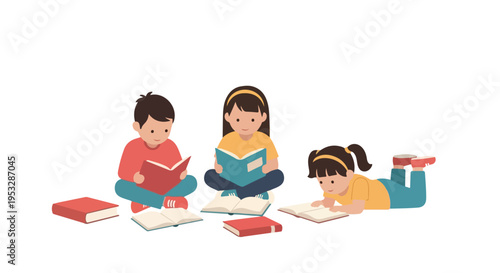 Three young children are sitting and lying on the floor, deeply engrossed in reading their colorful books in a bright, clean setting.