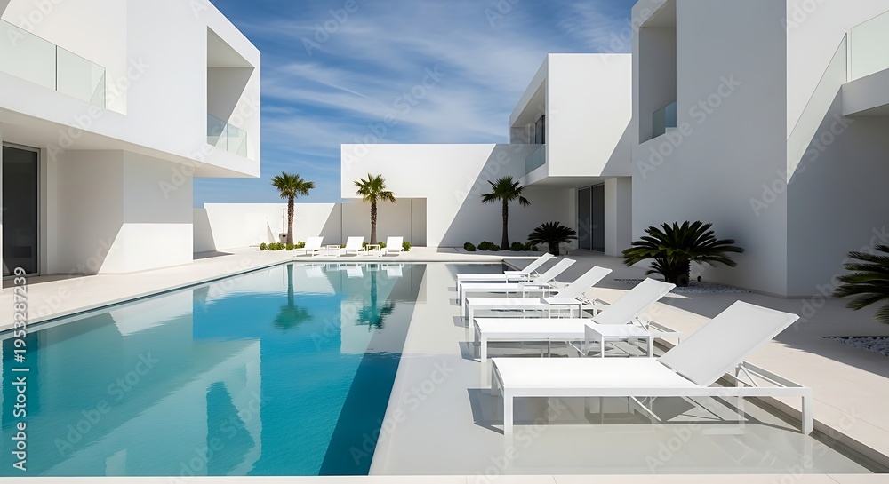 Fototapeta premium Minimalist luxury swimming pool with modern white architecture and sun loungers, bright blue sky, clean lines, high end resort travel lifestyle concept
