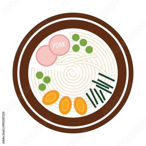 Top view of a bowl of delicious pork noodle soup with vegetables.