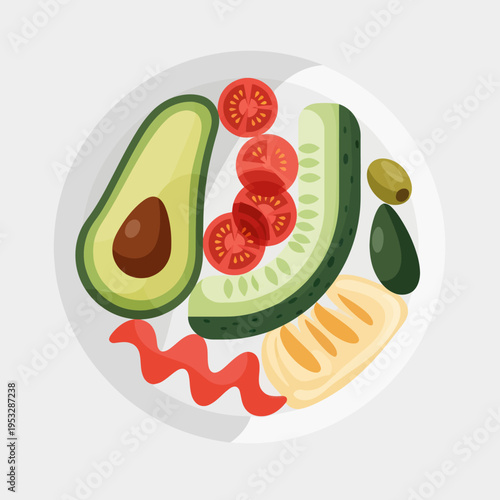 Healthy Avocado and Tomato Salad with Cucumber and Olives.