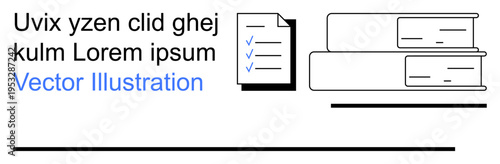 Education, documentation, organization, library, recordkeeping, academic tools. A checklist document and a stack of books next to horizontal lines. Education and documentation concept