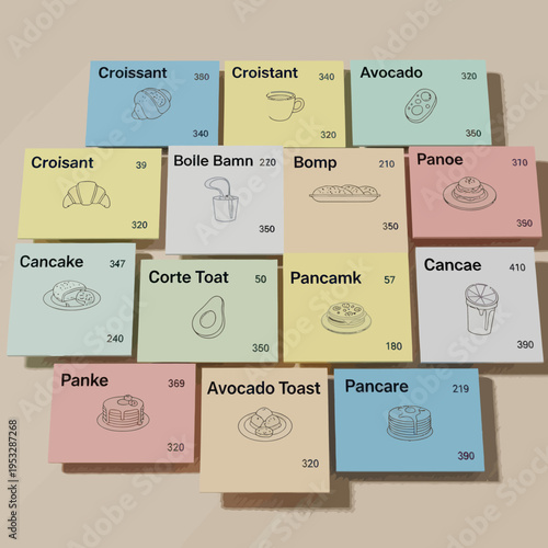 Collection of illustrated food items on colorful sticky notes.