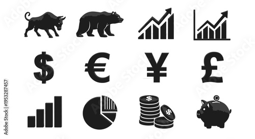 financial icons set with bull and bear markets global currency symbols and growth charts for business and investment