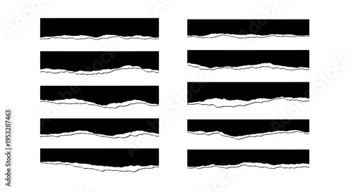 set of ten torn paper edges with a ragged ripped effect on a white background ideal for graphic design and web elements.