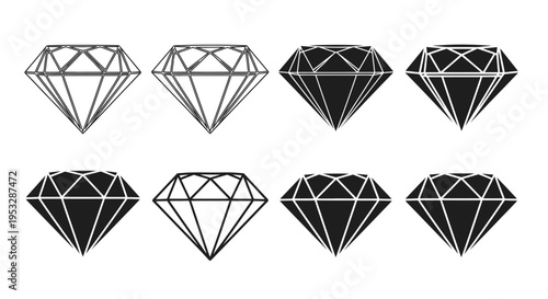 simple graphic set of black and white diamond icons depicting outline and solid gem shapes on a clean white background.