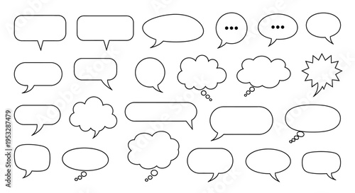 speech bubble and thought bubble icons vector set diverse empty templates for illustrating communication and ideas.