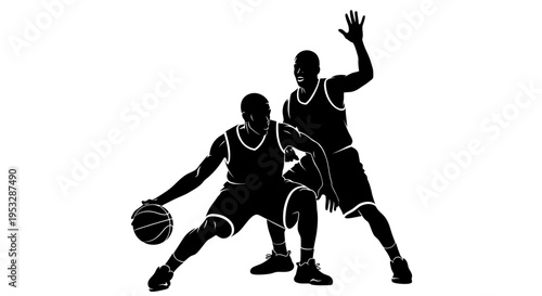 two basketball players dribbling and guarding in a dynamic game silhouette perfect for sports branding and athletic themes.