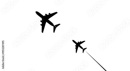 two black airplane silhouettes flying across a clear white background representing air travel and global connectivity