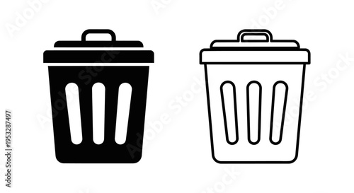two distinct trash can icons one solid black and one outline symbolizing delete and discard functions for modern ui and web design.