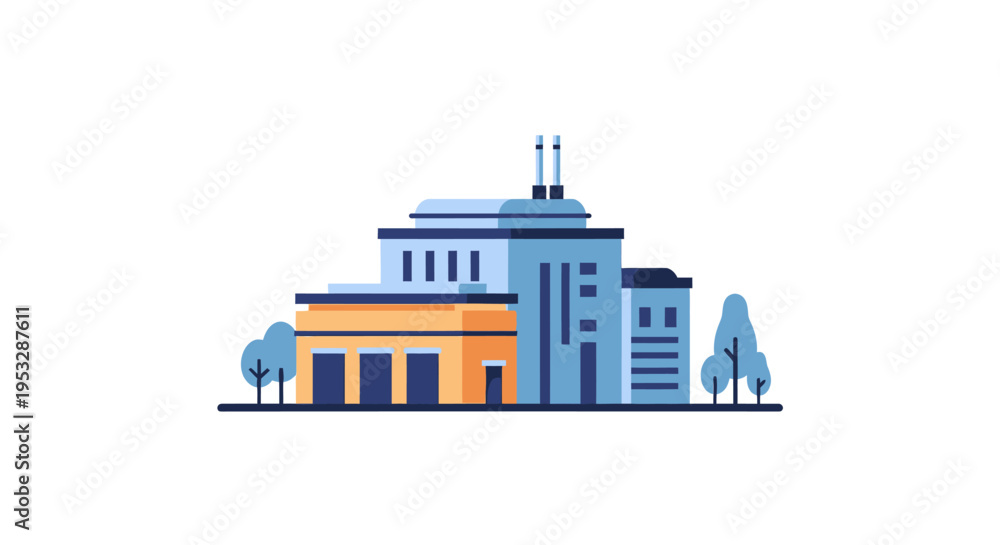 Fototapeta premium Flat Design Vector Illustration of a Modern Industrial Factory Building, Symbolizing Production and Manufacturing