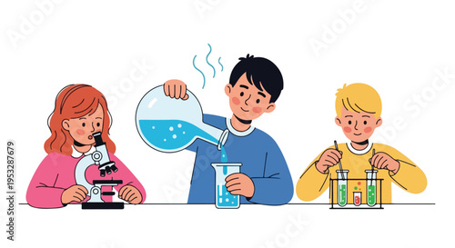 Three curious children are actively participating in a school science project, conducting experiments with a microscope and chemical solutions.