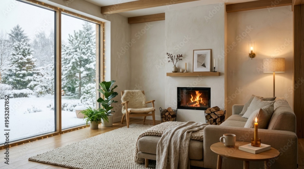 Obraz premium A cozy, minimalist living room with a fireplace, a large window, and a comfortable sofa.