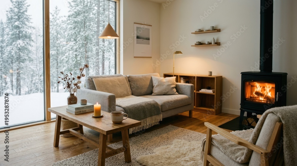 Obraz premium A cozy living room with a fireplace, wooden furniture, and a white rug.