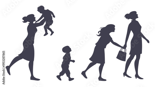 Family Silhouettes of Mothers and Children Vector Set