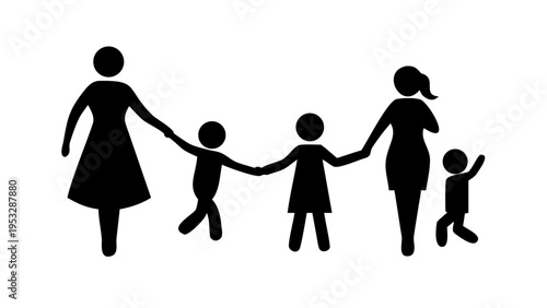 Same Sex Family with Mothers and Children Silhouette Vector Icon