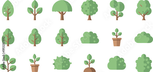 Minimalist Tree and Plant Icon Set Featuring Various Tree Shapes and Potted Greenery