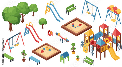 Isometric Playground Icon Set Featuring Swings, Slides, Sandbox, Trees, and Park Benches