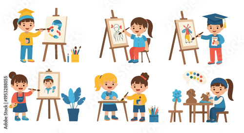 A set of illustrations showing various kids happily painting on easels, drawing at tables, and sculpting clay in an art class setting.