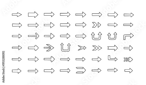 Simple monoline hand drawn arrow vector icon set with clean directional symbols and minimal pointer design isolated on white