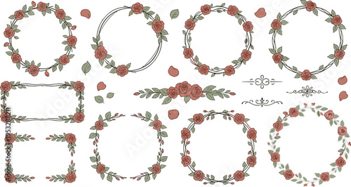 Vintage Rose Floral Frames and Wreath Set with Hand Drawn Botanical Borders Leaves and Petals Vector Illustration