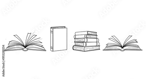 black and white line art illustration of open and stacked books on a white background symbolizing education and knowledge
