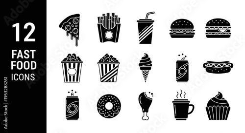 collection of minimalist fast food icons featuring popular items like burgers pizza and snacks in black and white silhouette for menus.