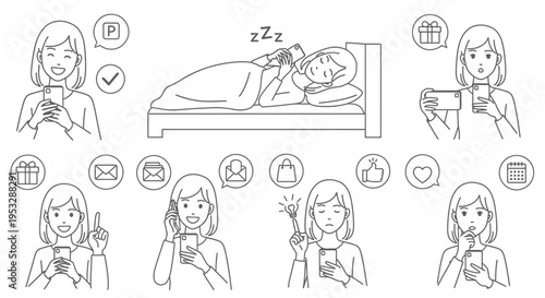 young woman using smartphone in various daily life situations illustrating digital communication online activities and modern technology.