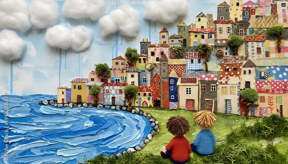 Fototapeta premium A colorful illustration of two children sitting on a grassy hill overlooking a vibrant seaside town with buildings and a body of water
