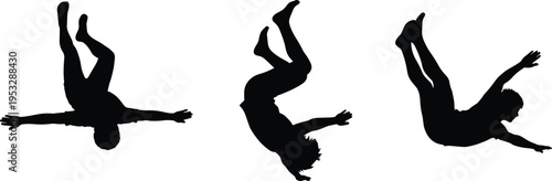 Silhouettes of people falling through the air, set of men tumbling in freefall, gravity concept, jumping, failure, isolated white background.