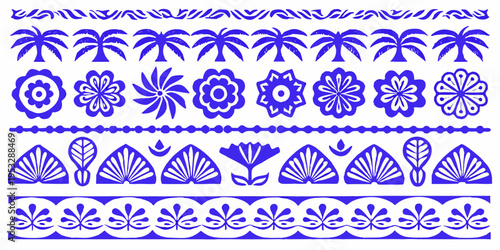 Blue and white polish folk art patterns arranged in horizontal rows
