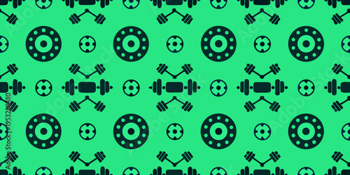 Seamless pattern featuring weightlifting barbells and oval shapes on teal