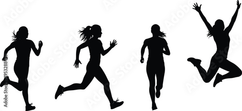 Woman running and jumping silhouettes set, female athlete sprinting, fitness journey, active lifestyle, exercise, marathon training, isolated on white background.