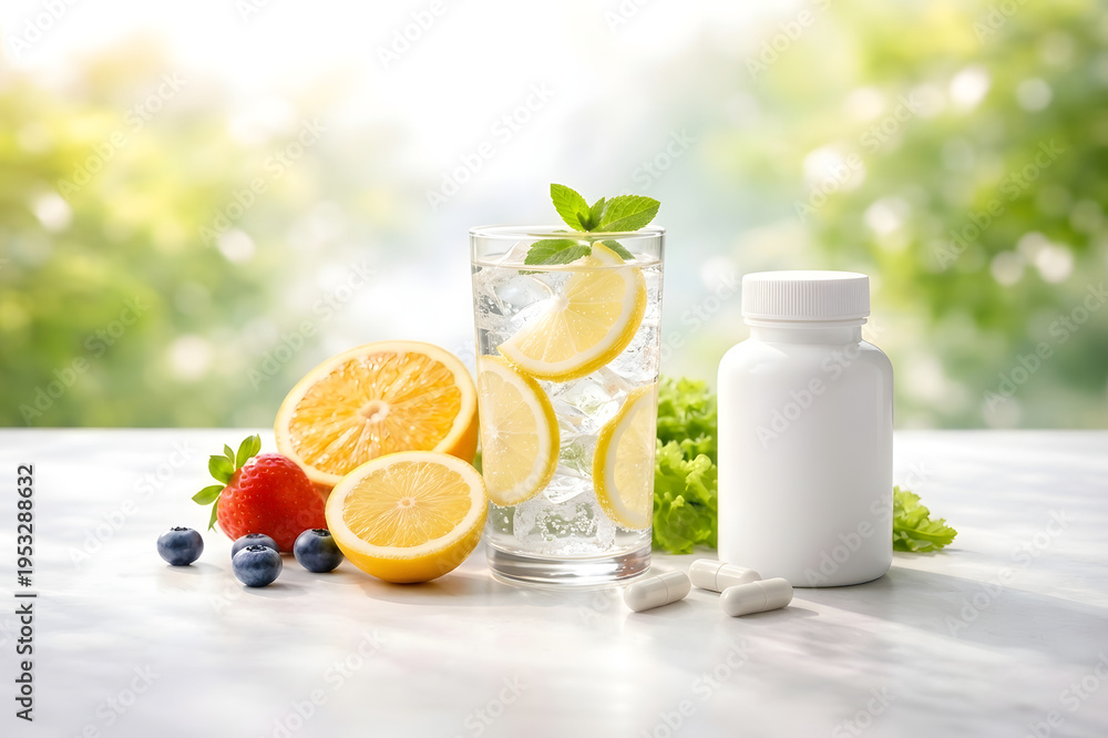 Fototapeta premium Fresh glass of sparkling water with lemon and assorted fruits next to a white supplement bottle and capsules for healthy lifestyle