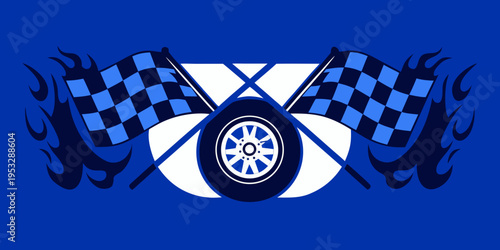 Racing emblem featuring checkered flags tire and flame graphics