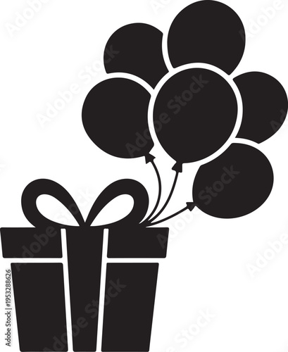 Black gift box with tied bow and six floating balloons