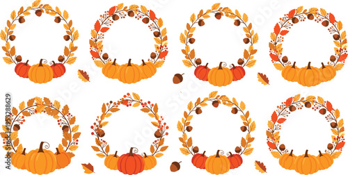 Autumn Pumpkin Wreath Collection with Fall Leaves Acorns and Harvest Elements Decorative Vector Illustration Set