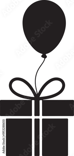 Black gift box with tied ribbon and balloon present