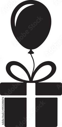 Black gift box with tied ribbon and balloon present