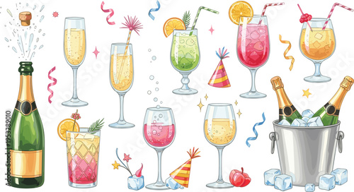 Champagne celebration drinks collection with sparkling wine glasses cocktails bottle ice bucket festive party vector illustration set