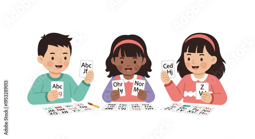 Three diverse kids are sitting together and having fun while learning their letters using educational alphabet flashcards at a table.