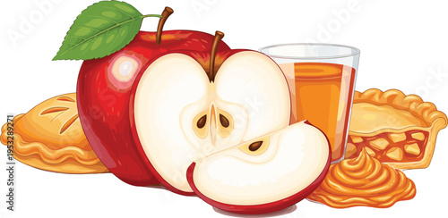 Fresh Apple Dessert Illustration with Pie Juice and Cream Sweet Fruit Food Composition Detailed Vector Design Collection