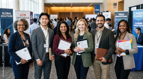 A group of six individuals standing in a conference room, holding papers and folders, with a backdrop featuring job openings and technology solutions.