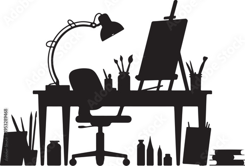 Black silhouette artist workspace with desk chair lamp easel paints