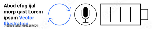 Audio recording, workflow management, energy utilization, power consumption, voice note, task automation. Circular arrows, microphone icon battery symbol. Workflow management and energy utilization