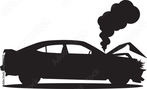 Black silhouette crashed car with smoke vehicle accident