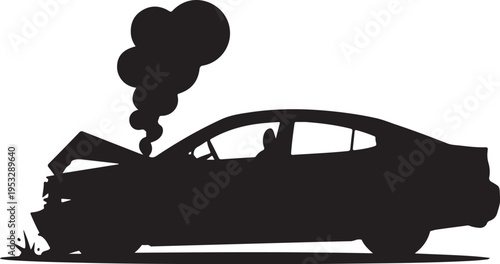 Black silhouette crashed car with smoke heart vehicle