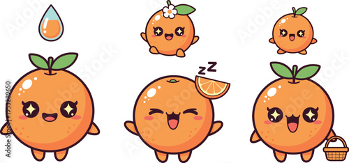 Cute Kawaii Orange Fruit Character Collection with Different Emotions Adorable Citrus Mascot Cartoon Flat Vector Illustration Set