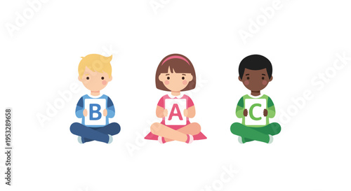 Three cute children sit cross-legged holding signs with letters B, A, and C, representing early learning and diverse education in a simple style.