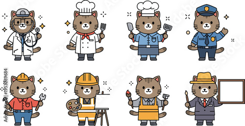 Cute Cat Professions Illustration Set with Doctor, Chef, Police, Builder, Artist and Worker Characters, Cartoon Animal Career Collection for Kids Design